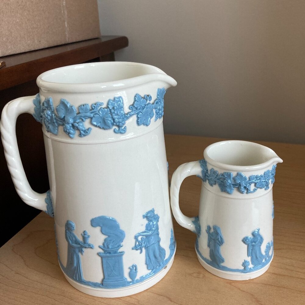 Blue on white Wedgwood Embossed Queensware Pitchers